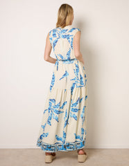 Leaf Print Collarless Shirt Dress With Belted Waist