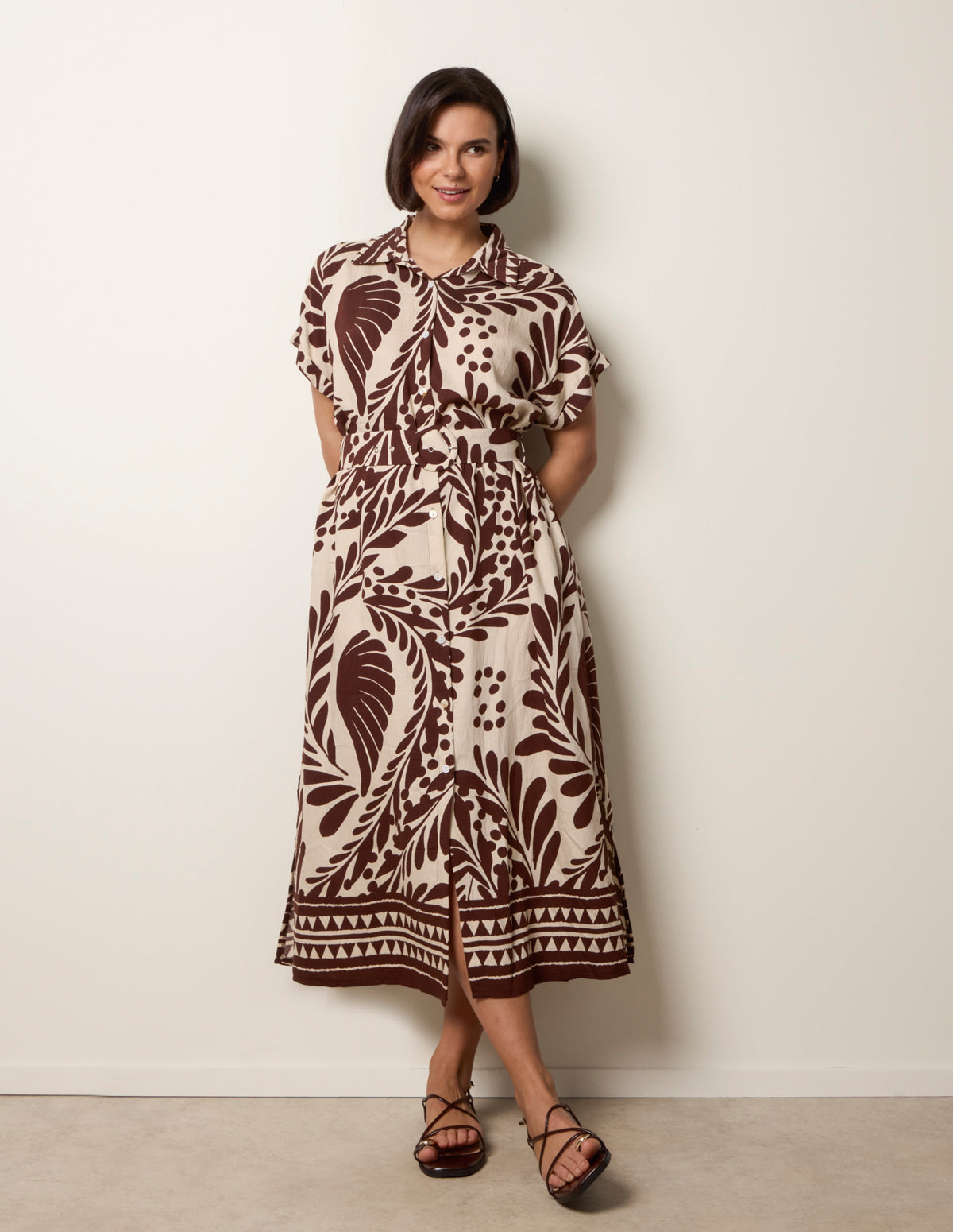 Tropical Leaf Print Belted Shirt Dress