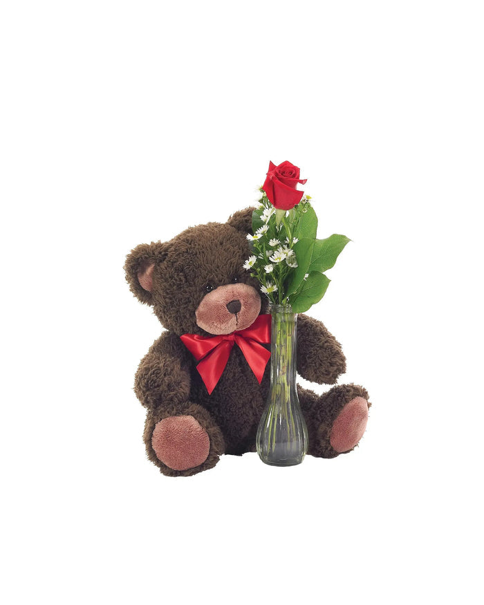 Classic Bud Vase Roses with Teddy Bear bloomexusa