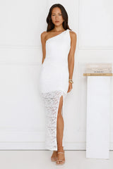 Champagne Crush One Shoulder Lace Maxi Dress White