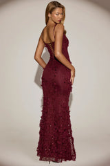Embellished Appliqué Soft-Scoop Corset Gown in Wine Red