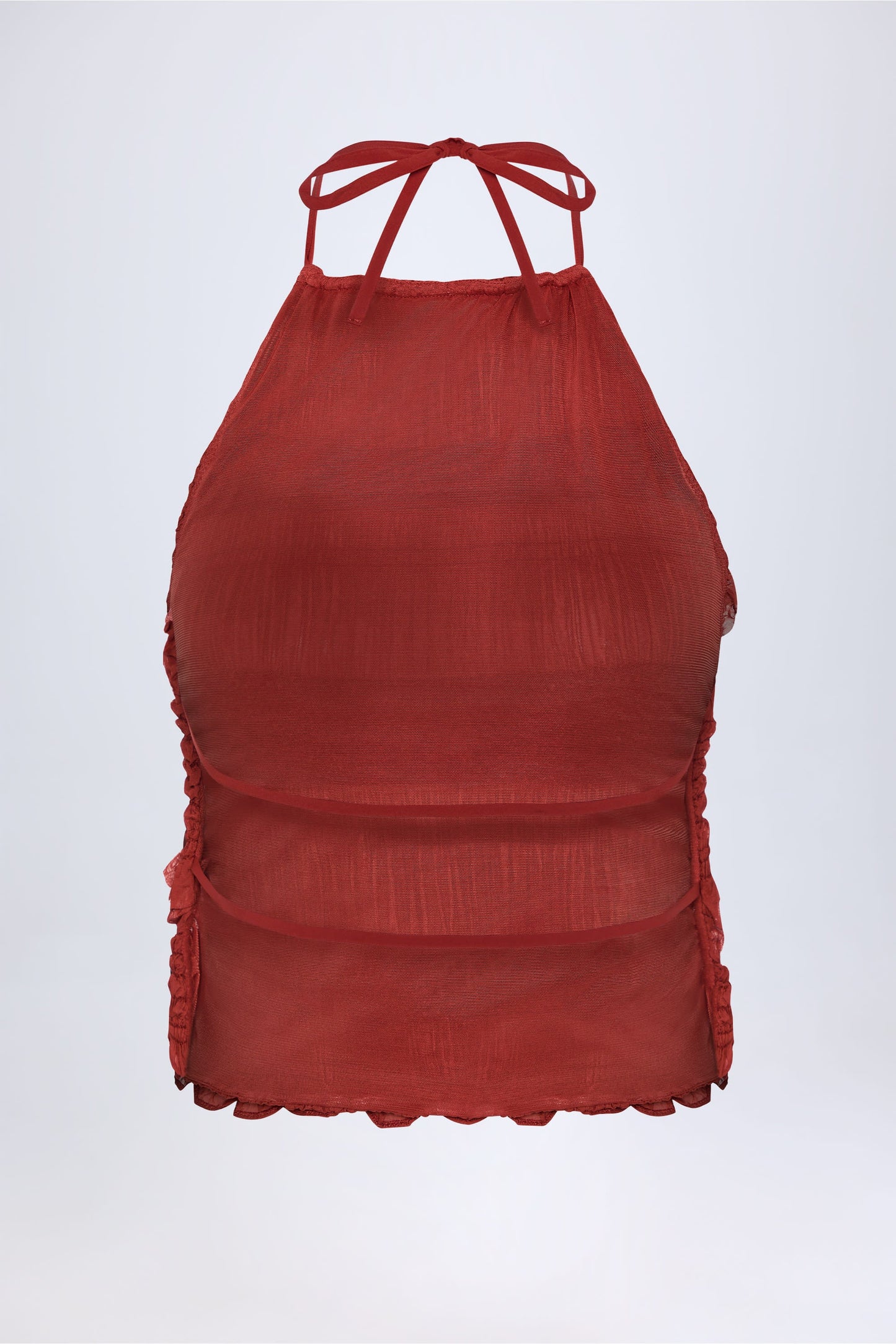 Ruffled High-Neck Backless Top in Burnt Red