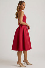 Halterneck Bow-Detail Midi Dress in True Red