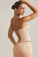 Satin Lace-Up Corset Top in Beige Gold