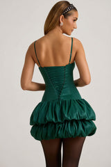 Satin Bubble Hem Corset Mini Dress in Emerald Green