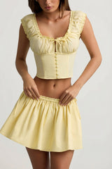 Ruched Cotton-Poplin Corset Top in Lemon Yellow