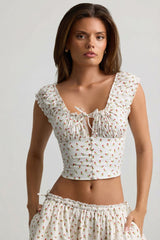 Ruched Cotton-Poplin Corset Top in Rose Print