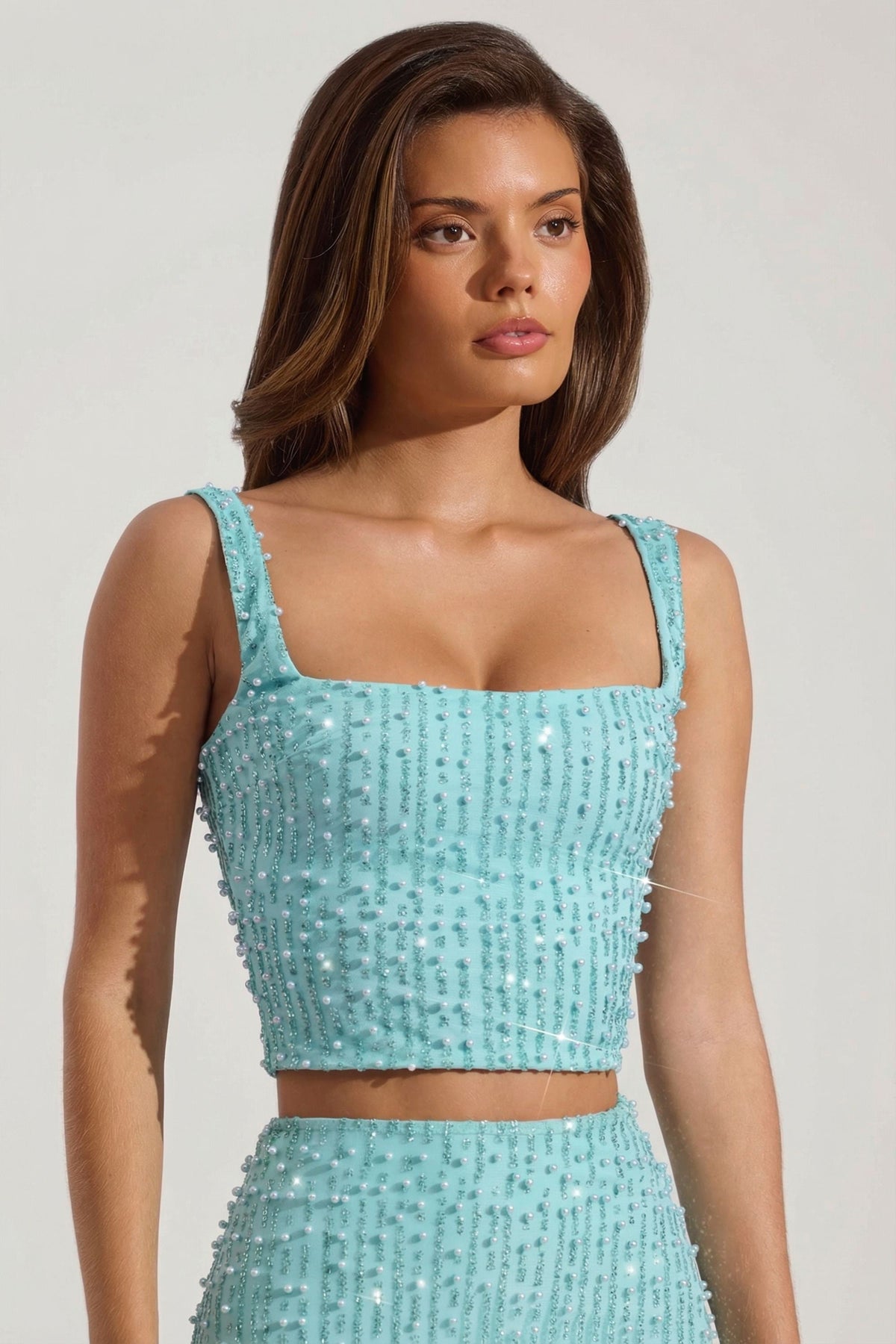 Embellished Square-Neck Crop Top in Aqua Blue