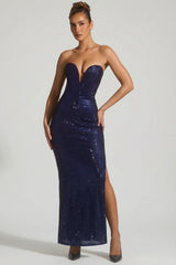 Embellished Strapless Plunge Gown in Navy