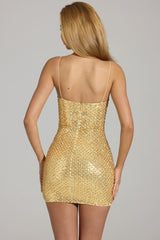 Embellished Sweetheart-Neck Mini Dress in Gold