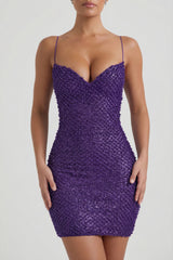 Embellished Sweetheart-Neck Mini Dress in Purple