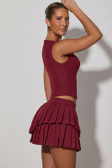 Layered Pleated Low-Rise Mini Skirt in Wine Red