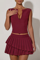 Layered Pleated Low-Rise Mini Skirt in Wine Red