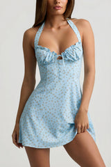 Halterneck A-Line Mini Dress in Blue Flower Print