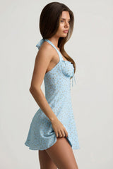 Halterneck A-Line Mini Dress in Blue Flower Print