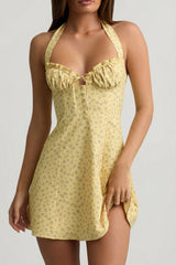 Halterneck A-Line Mini Dress in Yellow Flower Print