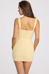 Embellished Square-Neck Mini Dress in Butter Yellow
