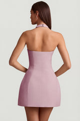 Pinstripe Halterneck Structured A-Line Mini Dress in Mauve