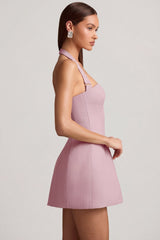 Pinstripe Halterneck Structured A-Line Mini Dress in Mauve