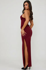 Halterneck Lace-Up Corset Maxi Dress in Berry Red