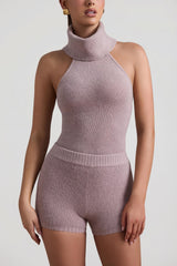 Ribbed-Knit Turtleneck Backless Top in Taupe