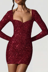 Embellished Sweetheart-Neck Mini Dress in Red