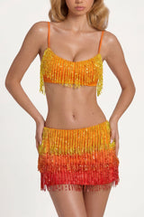 Fringed Low-Rise Mini Skirt in Orange Ombre