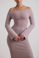 Ribbed-Knit Off-Shoulder Maxi Dress in Taupe