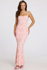 Embellished Square-Neck Maxi Dress in Soft Pink Ombre
