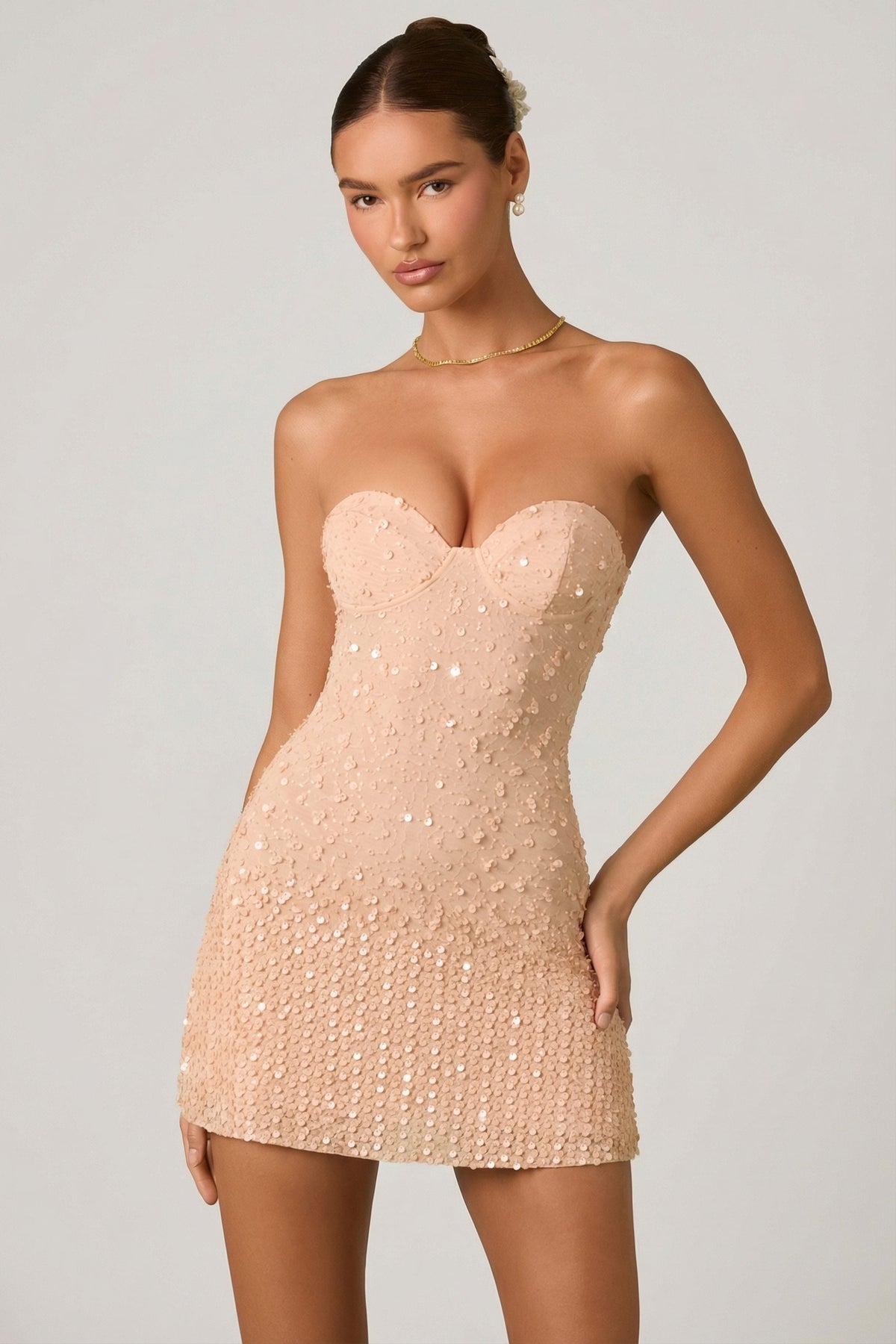 Embellished Sweetheart-Neck A-Line Mini Dress in Apricot