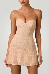 Embellished Sweetheart-Neck A-Line Mini Dress in Apricot