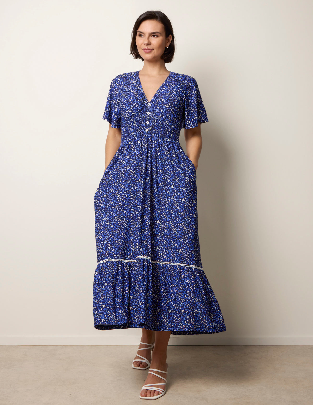 Ditsy Floral Button Front Raglan Trim Dress