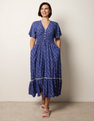 Ditsy Floral Button Front Raglan Trim Dress
