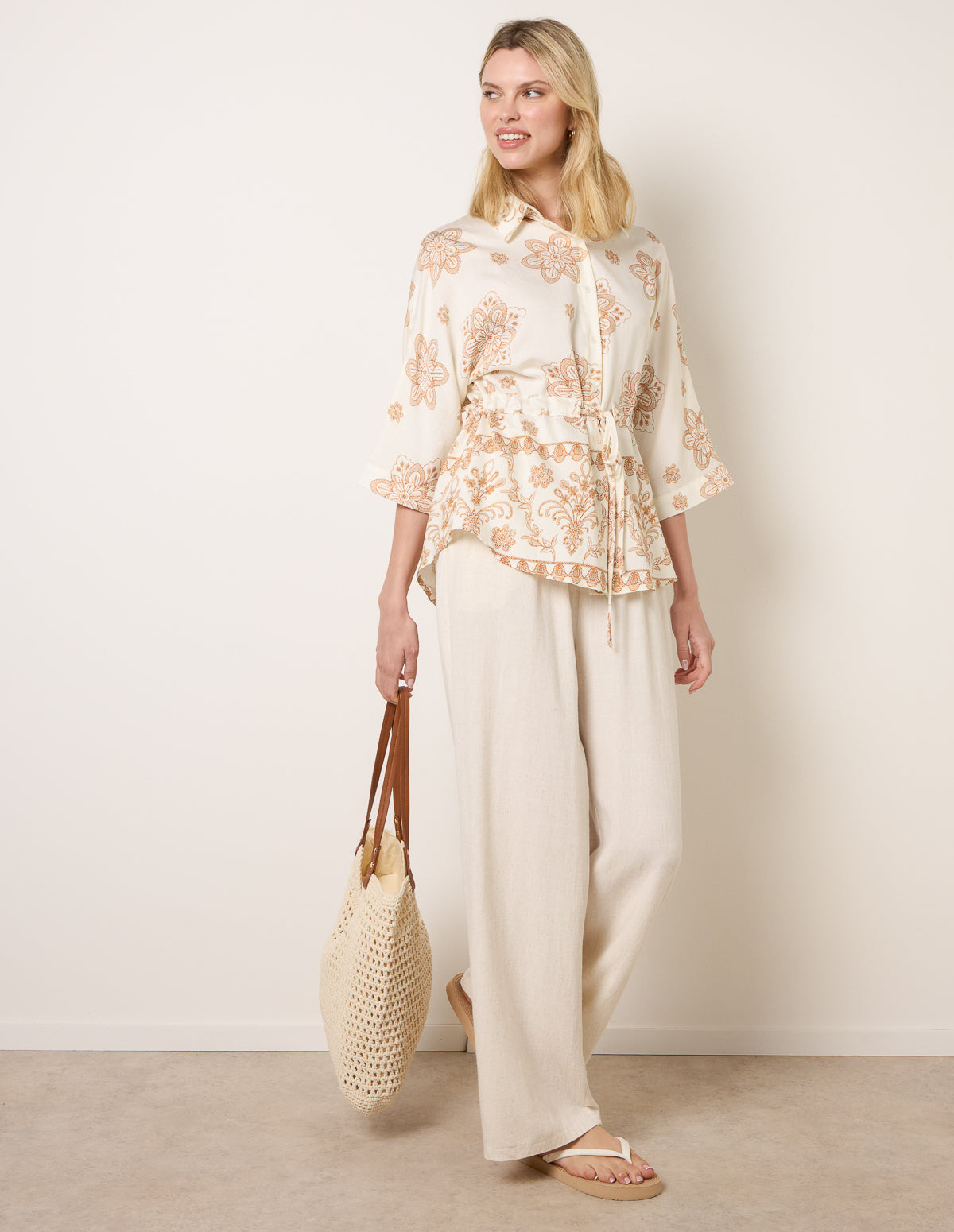 Floral 3/4 Sleeve Tie Waist Shirt